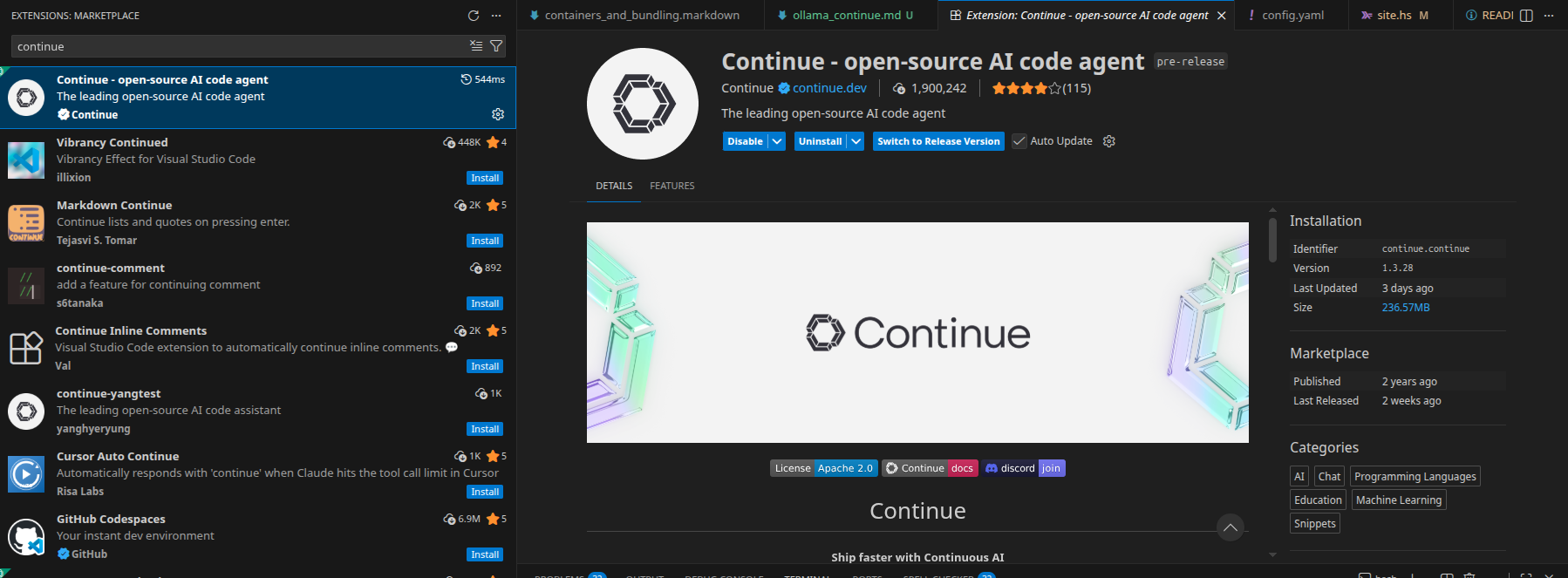 Continue extension installation